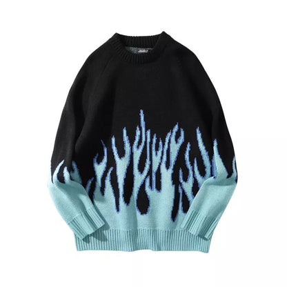 Black Pink Vintage Fire Flames Loose Oversized Long Sleeve Knit Sweatshirt Sweater Pullover Jumper E-Girl Kawaii Korean Japanese Harajuku Streetwear