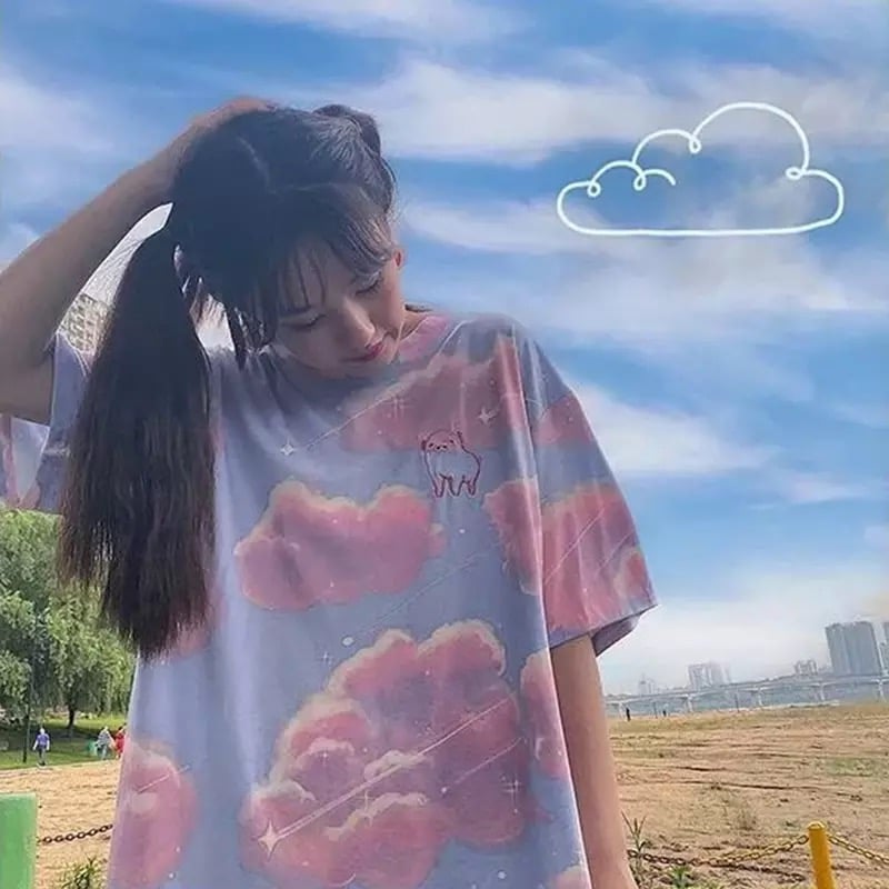 Cute Pastel Aesthetics Clouds Pig Embroidery Vintage Short Sleeve Shirt Oversized Loose T-shirt Top E-Girl Kawaii Korean Japanese Harajuku Streetwear