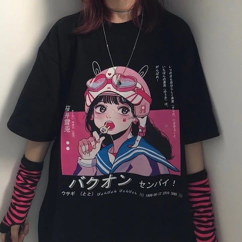 Anime Girl Cartoon Print Aesthetic Loose Short Sleeve Shirt T-shirt Top Punk Goth Summer Casual E-Girl Kawaii Korean Japanese Harajuku Streetwear