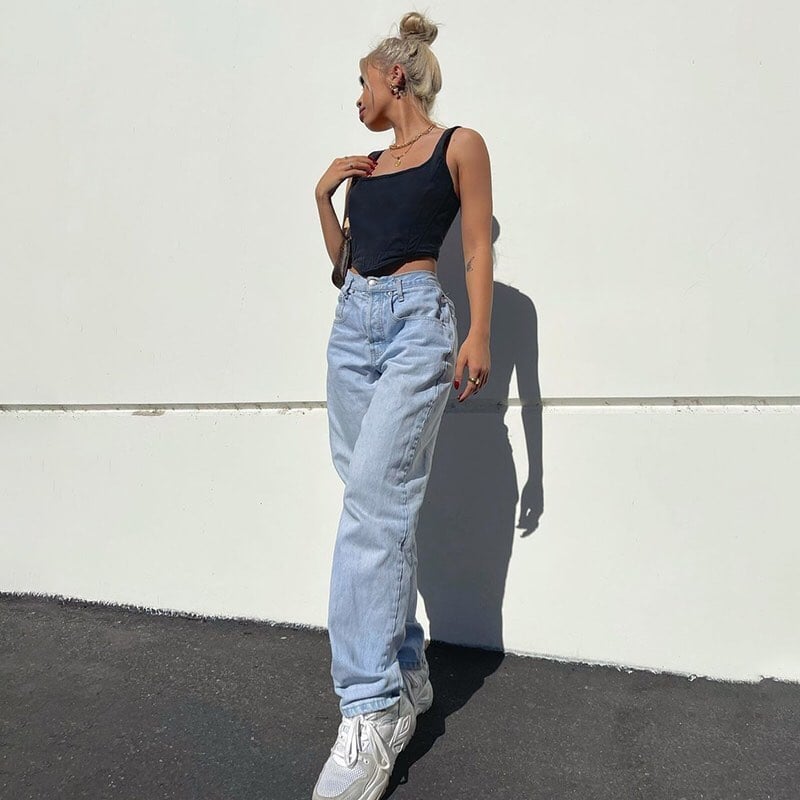 Cute 90s Buttery Print Casual Baggy Straight High Waist Mom Blue Denim Jean Bottom Pant Aesthetic E-Girl Kawaii Korean Japanese Harajuku Streetwear