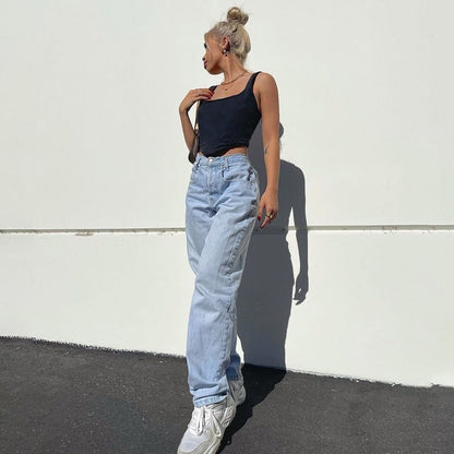 Cute 90s Buttery Print Casual Baggy Straight High Waist Mom Blue Denim Jean Bottom Pant Aesthetic E-Girl Kawaii Korean Japanese Harajuku Streetwear