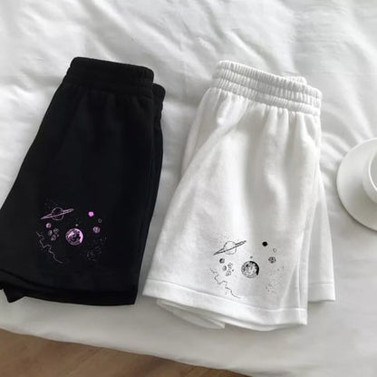Cute Black White Sky Star Moon Planet Embroidery Casual Sport Shorts Cycling Running Gym High Waist E-Girl Kawaii Korean Japanese Harajuku Streetwear