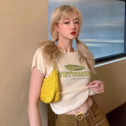 Cute Vintage Ruffle Off White Letter Print Short Sleeve Shirt Aesthetic Casual Summer E-Girl Kawaii Korean Japanese Harajuku