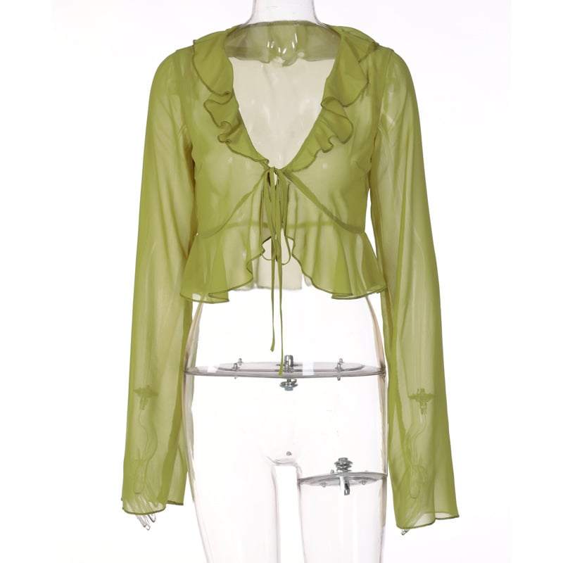 Green Sheer Flare Long Sleeve V Neck Blouse