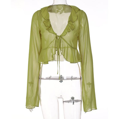 Green Sheer Flare Long Sleeve V Neck Blouse