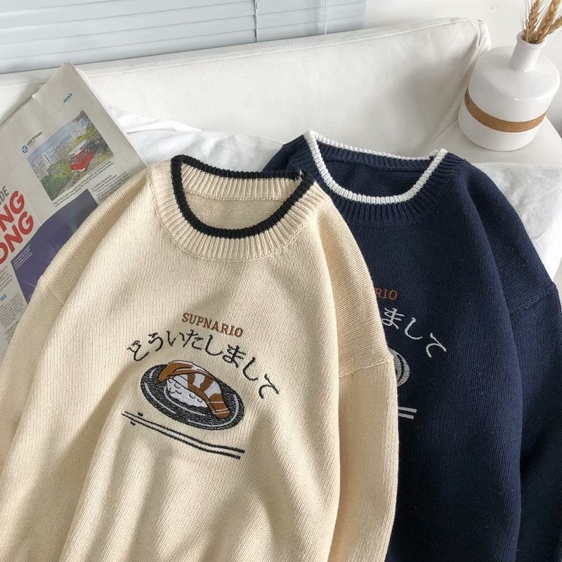 Cute Sushi Fish Knit Soft Long Sleeve Hoodie Oversized Loose Sweater Sweatshirt Pullover Jumper E-Girl Kawaii Korean Japanese Harajuku Streetwear