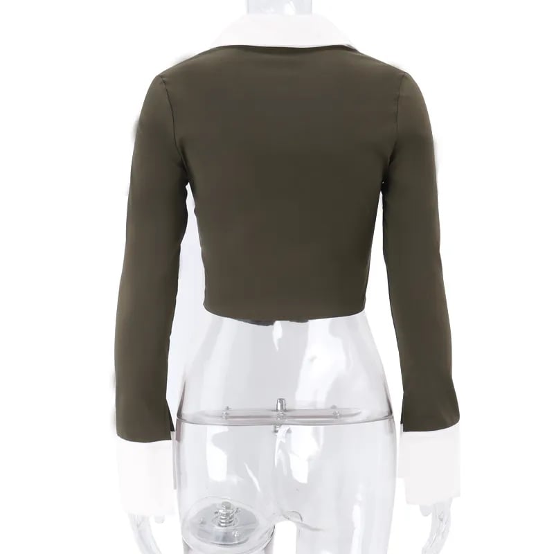Polo Neck Low Cut Ruched Long Sleeve Crop Top