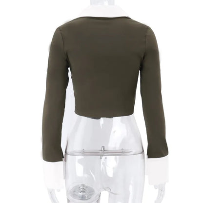 Polo Neck Low Cut Ruched Long Sleeve Crop Top