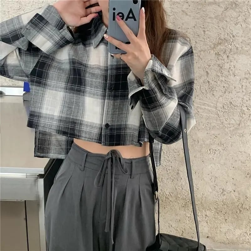 Plaid Long Sleeve Crop Top