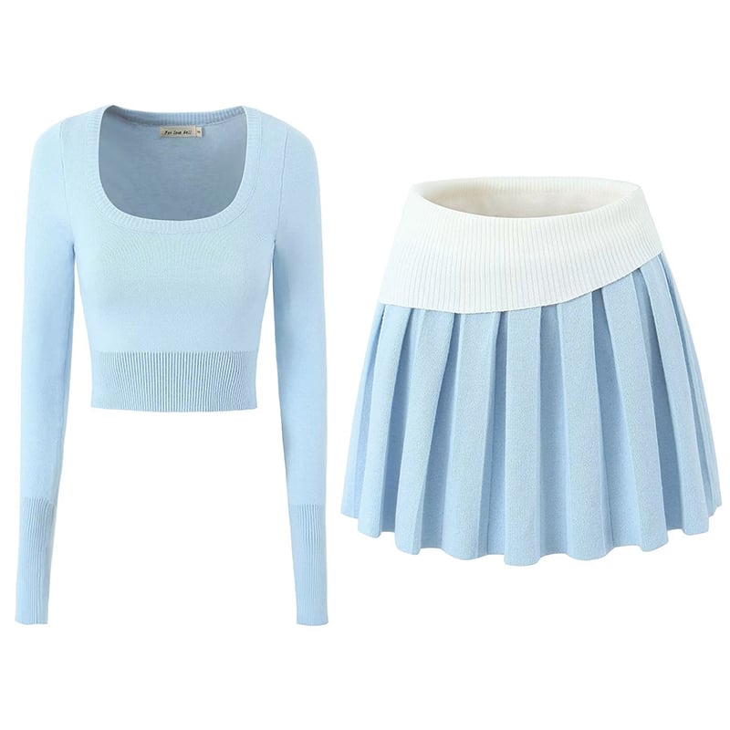 2PCS Blue Knit Long Sleeve Top + High Waist Pleated Mini Skirt