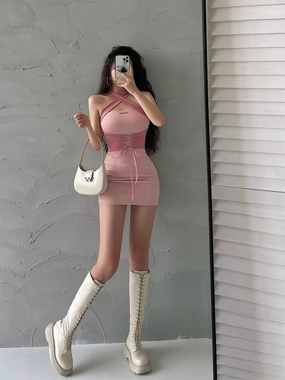 Pink Tie Up Corset Waist Bodycon Mini Dress