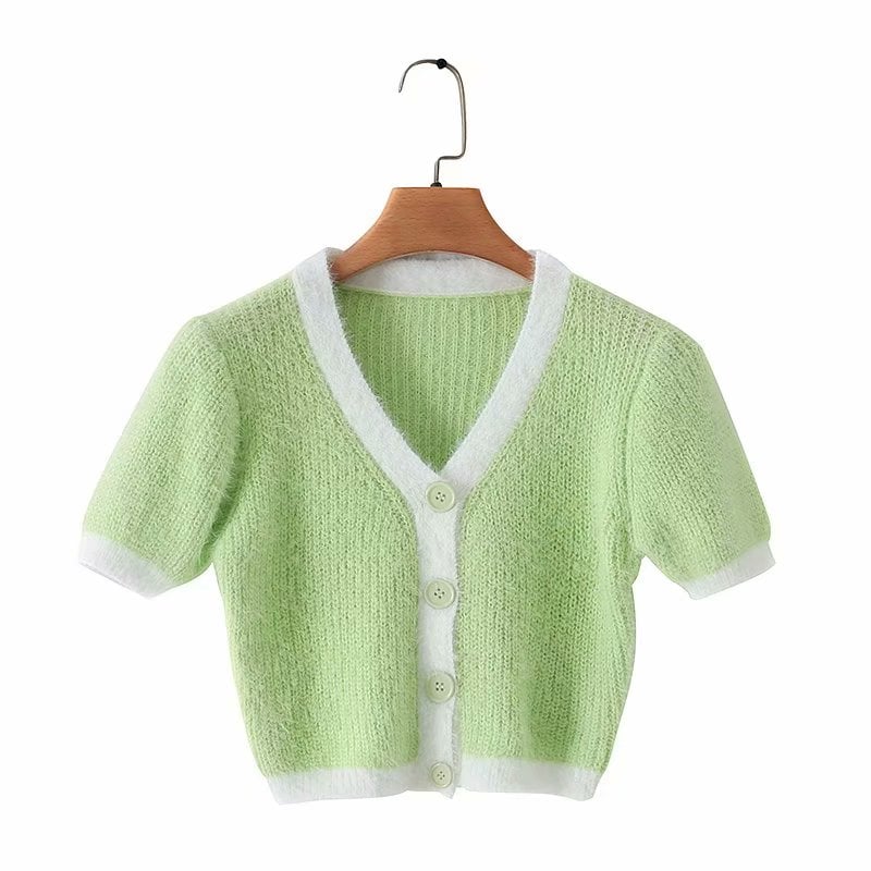 Cute Vintage Sweater Cardigan Knit Crop Top Short Sleeve Shirt Tee T-shirt E-Girl Kawaii Korean Japanese Harajuku Chinese Retro Streetwear Aesthetic