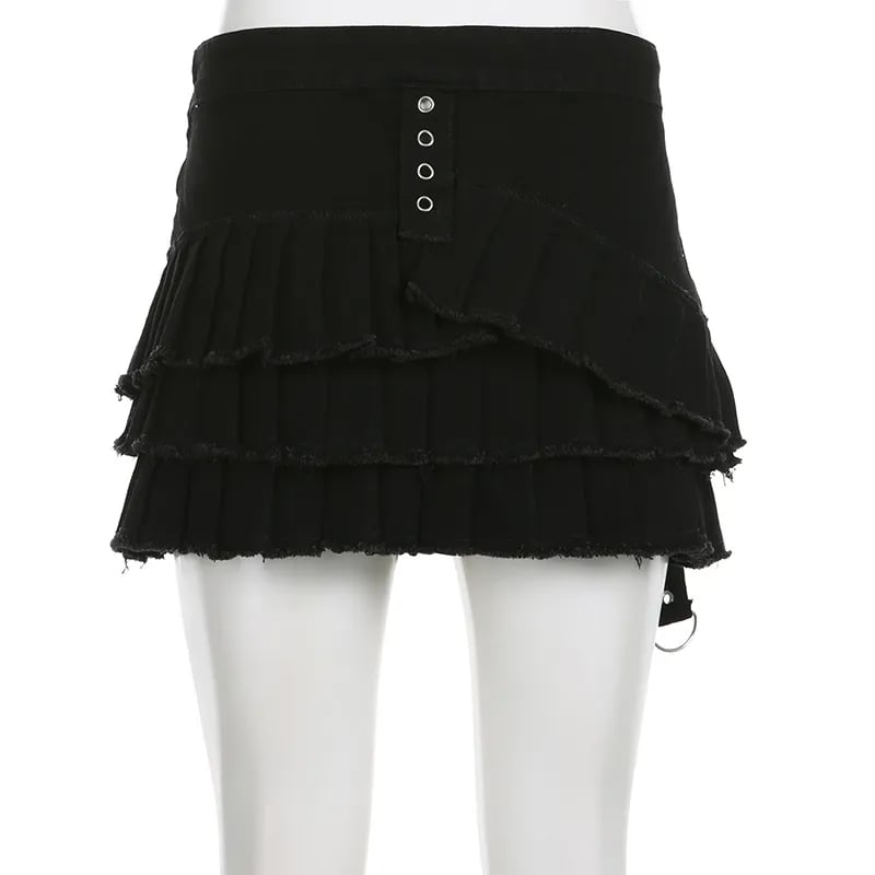Black Denim Pleated Low Waist Irregular Mini Skirt