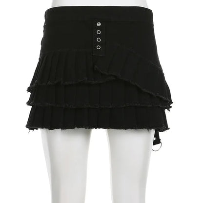 Black Denim Pleated Low Waist Irregular Mini Skirt