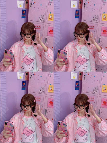 Cute Pastel Pink Strawberry Milk Yogurt Drink Blouse Long Sleeve Shirt Button Up Top Summer Casual E-Girl Kawaii Korean Japanese Harajuku Streetwear
