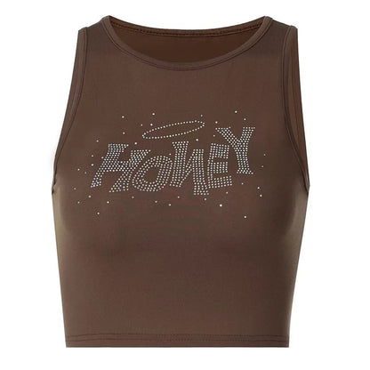 Cute Brown Honey Rhinestone Crystal Glitter Bling 90s Sleeveless Tank Crop Top Aesthetic Casual Summer E-Girl Kawaii Korean Japanese Harajuku