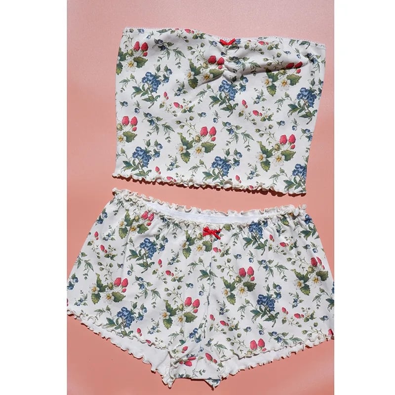 2PCS Pink Floral Print Frill Strapless Top + Shorts Set