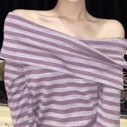 Purple Stripe Slash Neck Long Sleeve Shirt