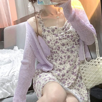 2PCS Purple Floral Spaghetti Strap Mini Dress + Cardigan
