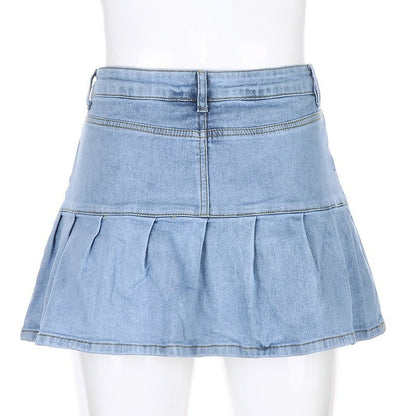 Cute High Waisted Pleated Denim Zipper Mini Skirt Blue Pink Bottoms Club Aesthetic Summer Party E-Girl Kawaii Korean Japanese Harajuku Streetwear