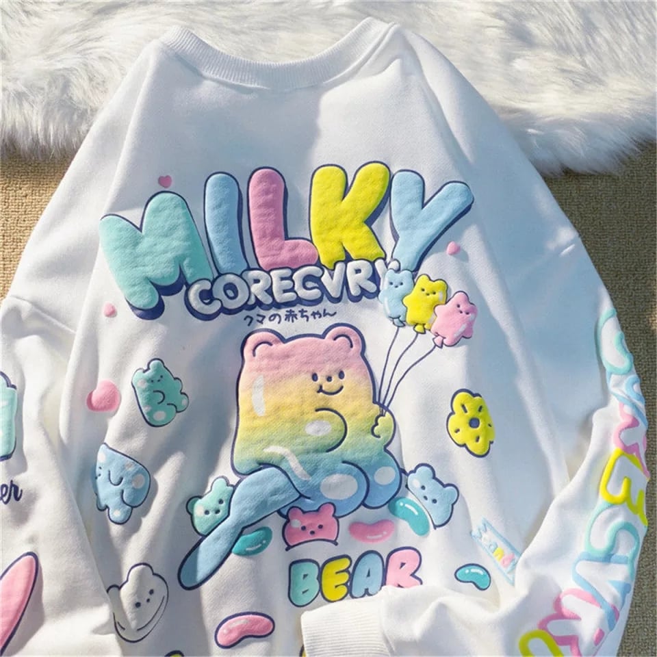 Cute Purple Gummy Bear Print Loose Oversize Sweatshirt Long Sleeve T-shirt Aesthetic Casual Summer E-Girl Kawaii Korean Japanese Harajuku