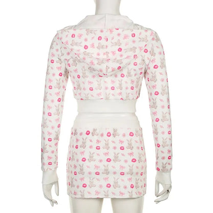2PCS Rabbit Print Tracksuit Hoodie + Mini Skirt Set
