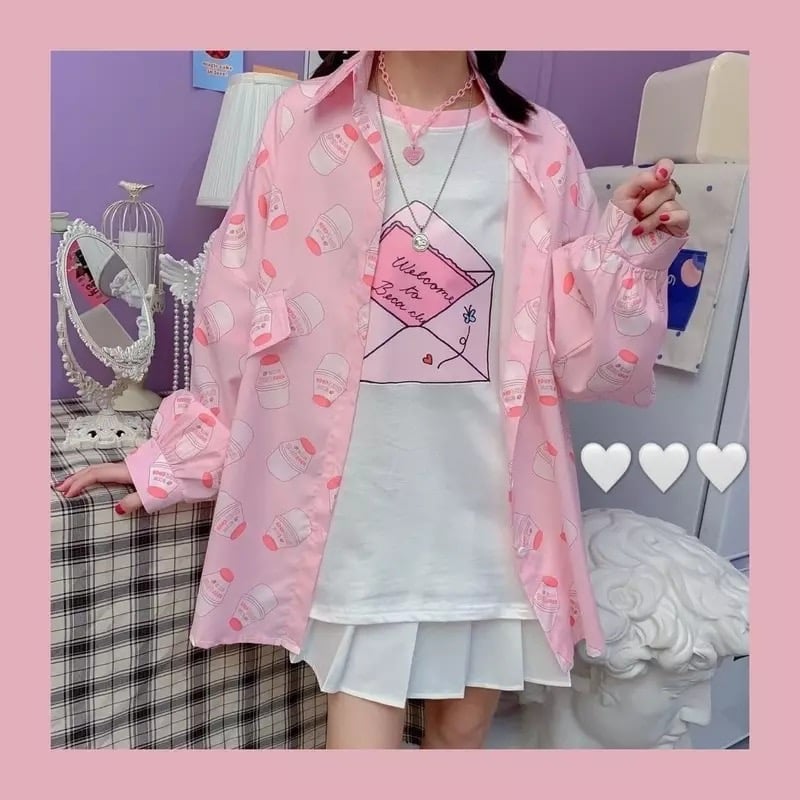 Cute Pastel Pink Strawberry Milk Yogurt Drink Blouse Long Sleeve Shirt Button Up Top Summer Casual E-Girl Kawaii Korean Japanese Harajuku Streetwear