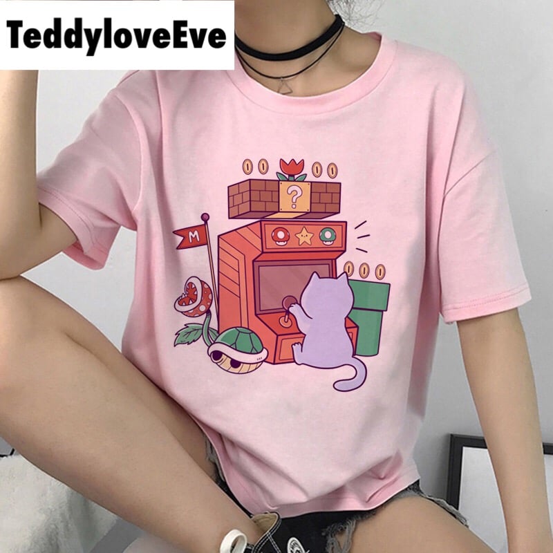 Cute Pink Cat Arcade Cartoon Graphic Casual Short Sleeve Shirt Tee T-shirt E-Girl Kawaii Korean Japanese Harajuku Chinese Retro Streetwear Aesthetic