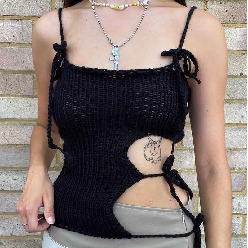 Black Knit Tie Up Backless Crop Top