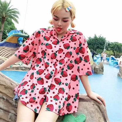 Cute Pink Strawberry Print Button Down Short Sleeve Shirt Blouse Aesthetic Casual Summer E-Girl Kawaii Korean Japanese Harajuku