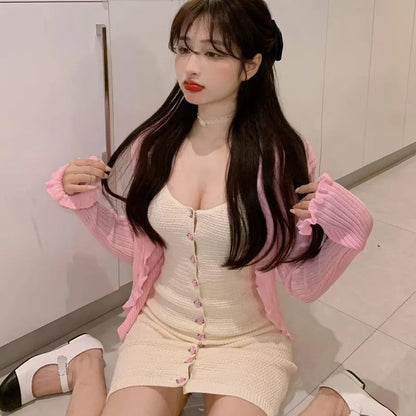 2PCS Rose Button Knit Dress + Cardigan