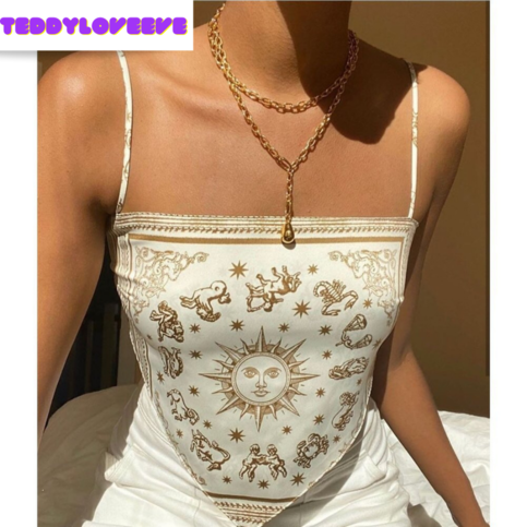 Sexy Sun Moon Zodiac Backless Camisole Lace Up Spaghetti Strap Tank Top Asymmetrical Print Aesthetic E-Girl Kawaii Korean Japanese Harajuku Streetwear