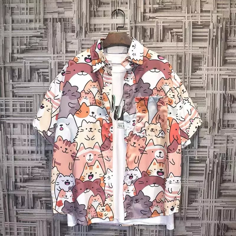 Cute Unisex Cat Cartoon Anime Print Loose Short Sleeve Shirt Button Up Aesthetic Casual Summer E-Girl Kawaii Korean Japanese Harajuku