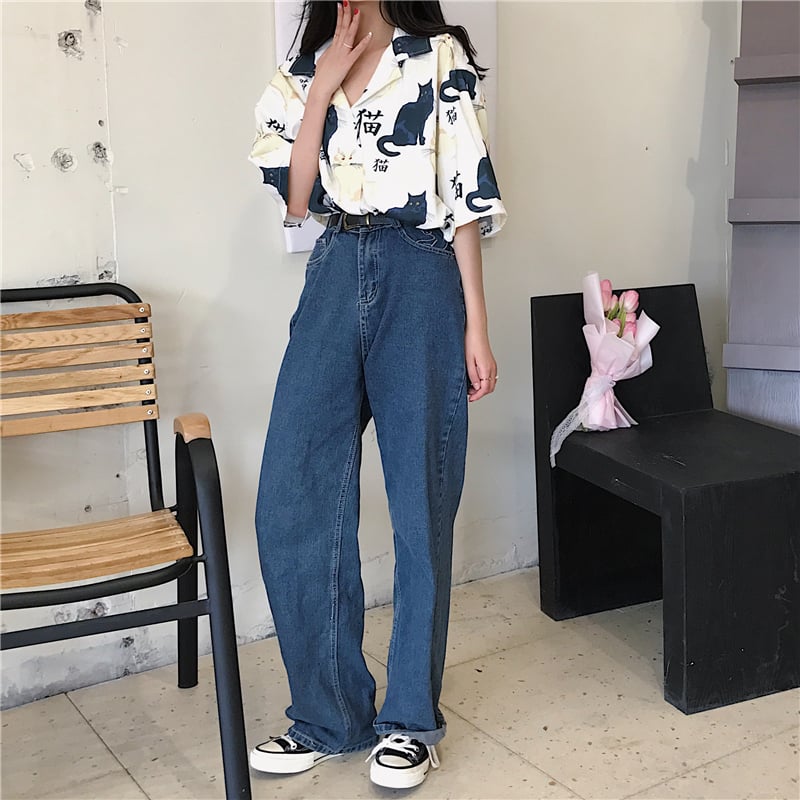Chinese Letter Cat Animal Print Casual Loose Button Down Collar Short Sleeve Tee Shirt T-shirt Top E-Girl Kawaii Korean Japanese Harajuku Streetwear