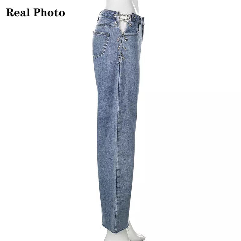 Chain High Waist Straight Denim Jeans Legs Light Blue Pants Summer Aesthetic Casual E-Girl Kawaii Korean Japanese Harajuku
