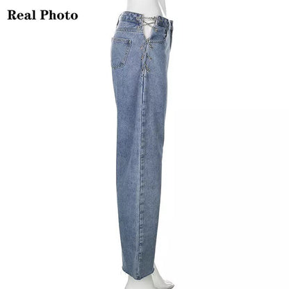 Chain High Waist Straight Denim Jeans Legs Light Blue Pants Summer Aesthetic Casual E-Girl Kawaii Korean Japanese Harajuku