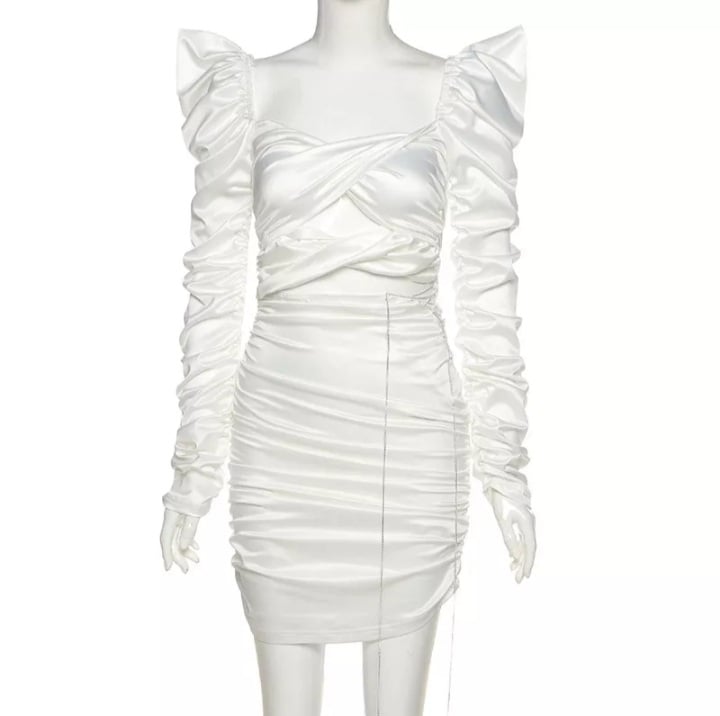 Cute Diamond Ruched Bandage Lace Up Hollow Out Long Sleeve Bodycon Dress Summer Party Club Aesthetic E-Girl Kawaii Korean Japanese Harajuku