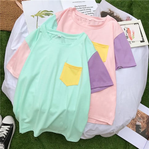 Cute Pastel Patchwork Contrast Kpop Bangtan Boys T-shirt Tee Top Korean Japanese Harajuku Chinese Retro Streetwear Aesthetic Fashion