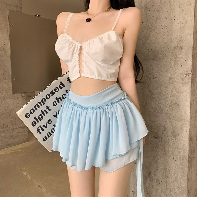 Blue Ruffle High Waist Tulle Mini Skirt
