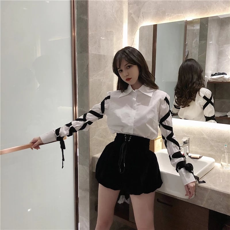 Cute White Shirt Black Bandage Ribbon Tie Up Turn Down Collar Long Sleeve Shirt Blouse Aesthetic Casual E-Girl Kawaii Korean Japanese Harajuku
