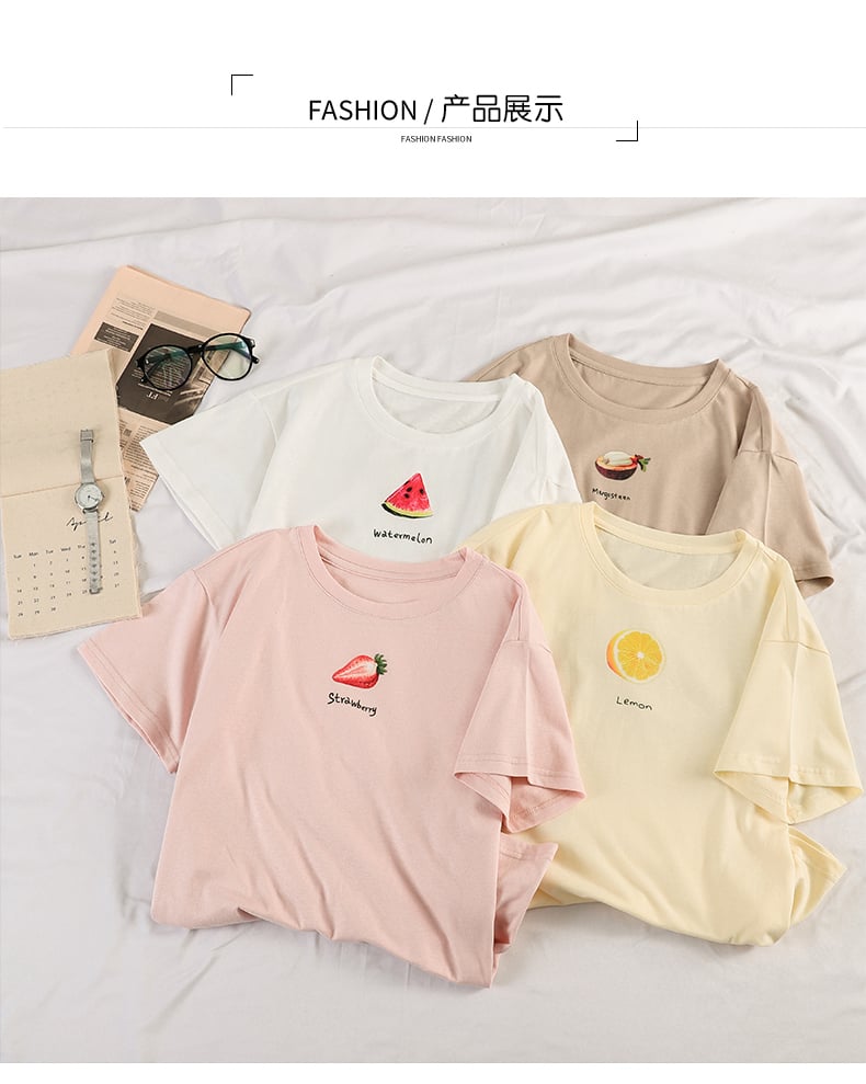 Cute Summer Casual Fruit Print O Neck Short Sleeve Tee Shirt T-shirt Top Loose Oversized E-Girl Kawaii Korean Japanese Harajuku Retro Streetwear