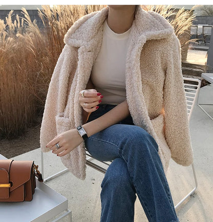 Cute Teddy Fur Coat Thick Autumn Loose Button Plush Jacket E-Girl Kawaii Korean Japanese Harajuku Retro Streetwear Fashion