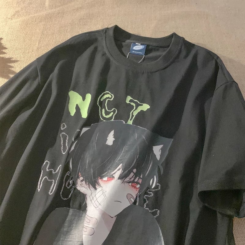 Cute Anime Boy Cat Ears Cartoon Graphic Print Oversize Short Sleeve Shirt Summer Aesthetic Casual E-Girl Kawaii Korean Japanese Harajuku