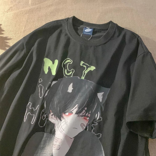 Cute Anime Boy Cat Ears Cartoon Graphic Print Oversize Short Sleeve Shirt Summer Aesthetic Casual E-Girl Kawaii Korean Japanese Harajuku