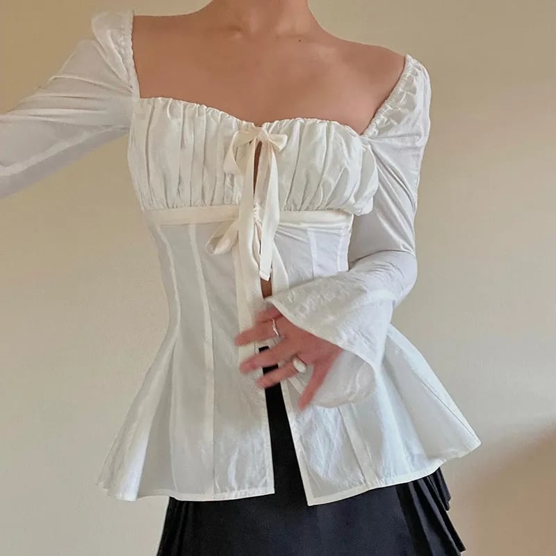 Square Collar Lace Up Flare Sleeve Shirt