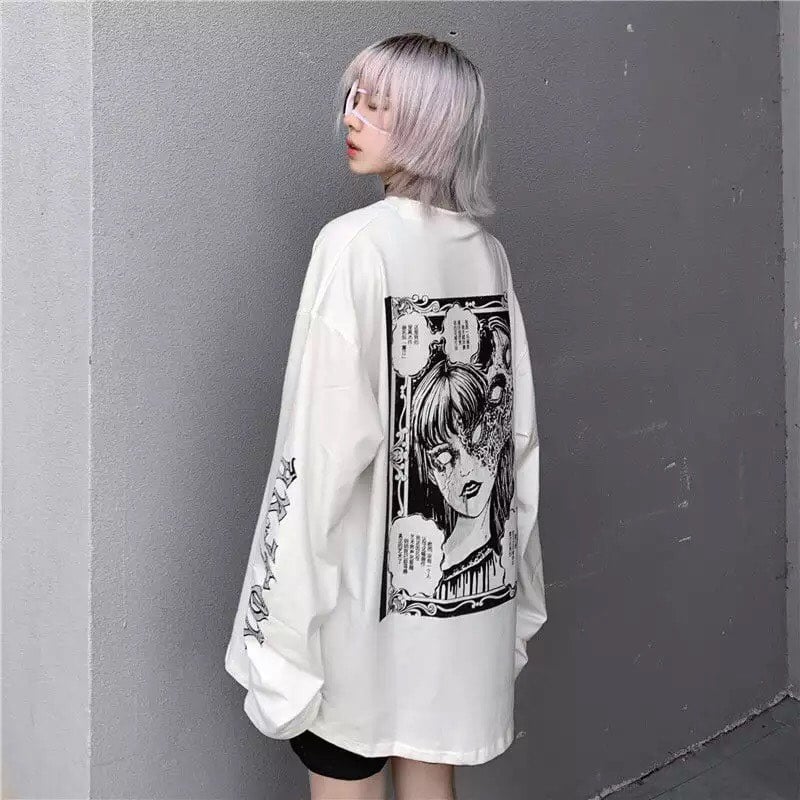 White Dark Anime Girl Cartoon Print Long Sleeve White T-Shirt Oversize Loose Vintage Goth Aesthetic E-Girl Kawaii Korean Japanese Harajuku Streetwear