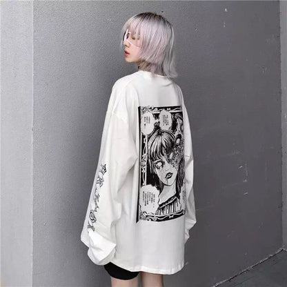 White Dark Anime Girl Cartoon Print Long Sleeve White T-Shirt Oversize Loose Vintage Goth Aesthetic E-Girl Kawaii Korean Japanese Harajuku Streetwear
