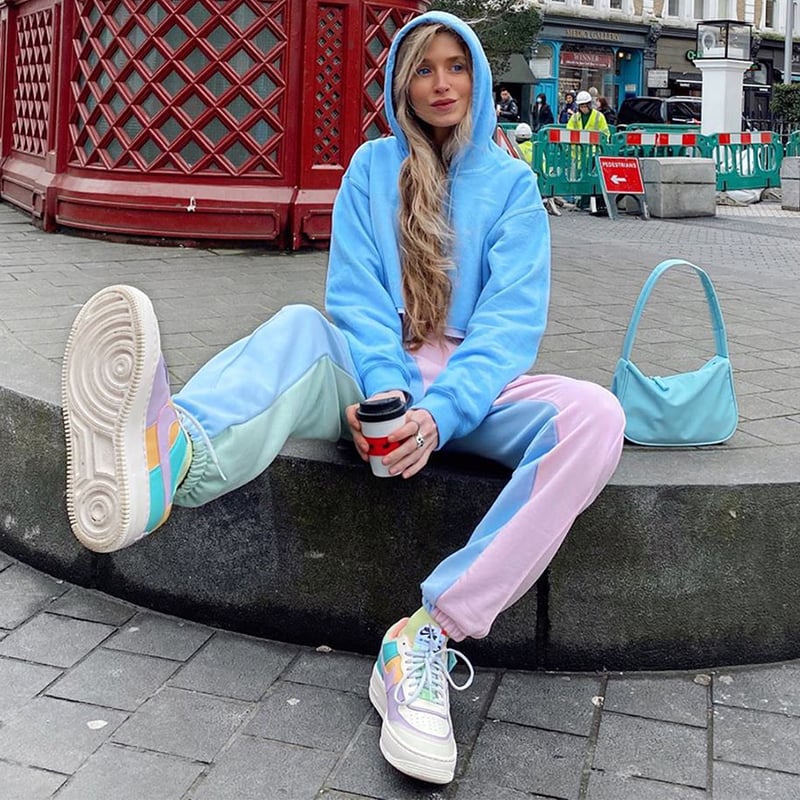 Cute Patchwork Color Contrast Baggy Jogger Pink Blue Sweatpants High Waist Trousers E-Girl Kawaii Korean Japanese Harajuku Retro Streetwear Aesthetic