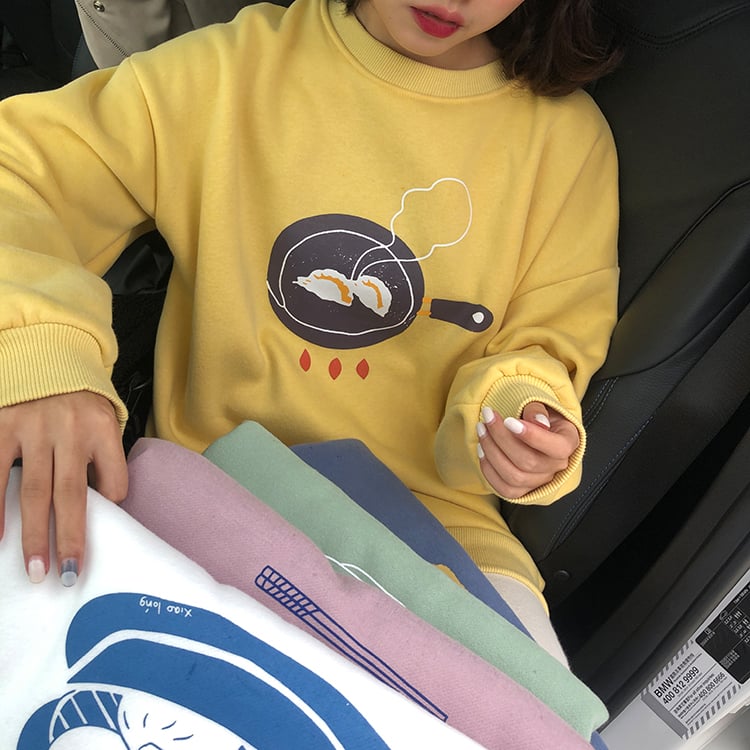 Dumpling Ramen Food Cartoon Print Loose Oversized Long Sleeve Sweatshirt Sweater Pullover Causal E-Girl Kawaii Korean Japanese Harajuku Streetwear