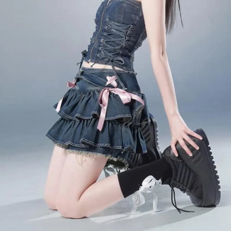 Denim Ruffle Pink Ribbon A-Line Mini Skirt